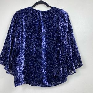 DREW Blake Blue Velvet Burnout Floral Top Size S  Sheer Flare‎ Ruffle Sleeves